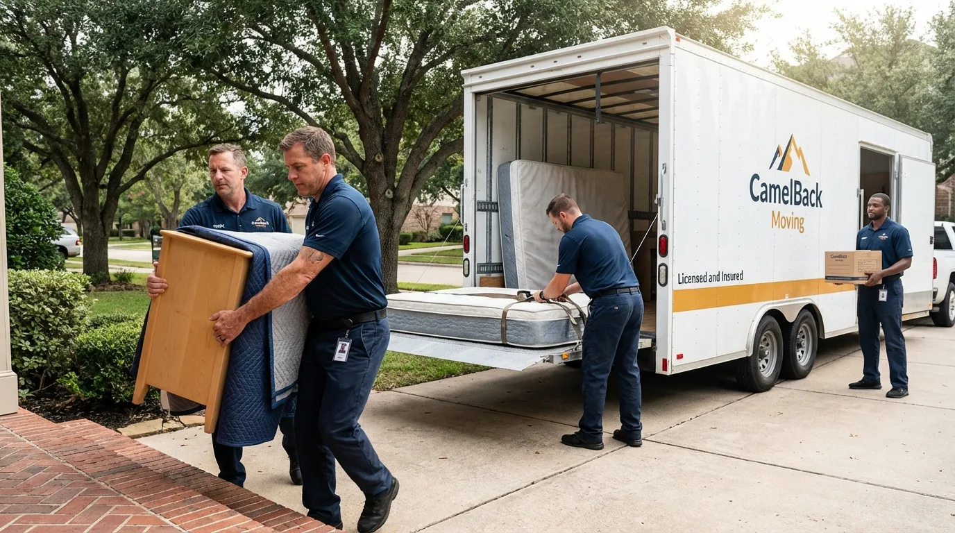 Crew loading residential truck for cross-state move from Hancock, ME