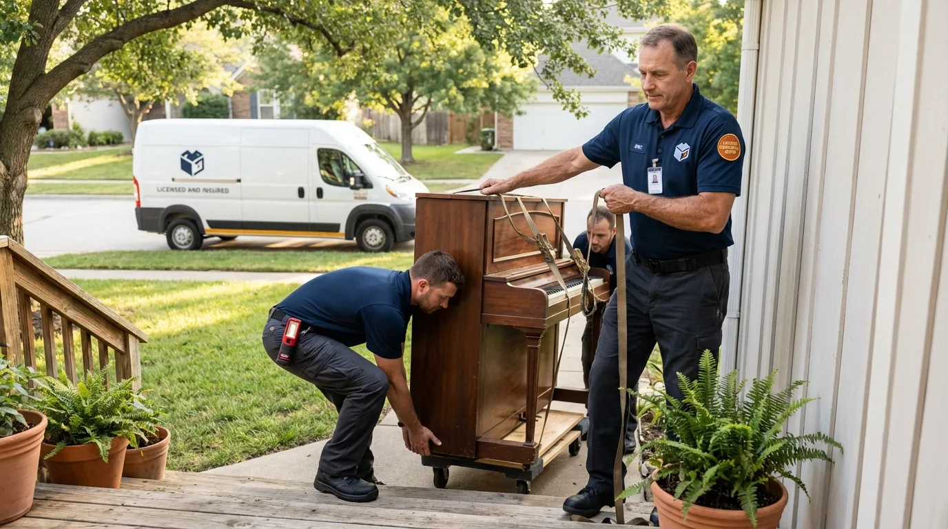 Licensed piano movers securing grand piano in Hancock, ME