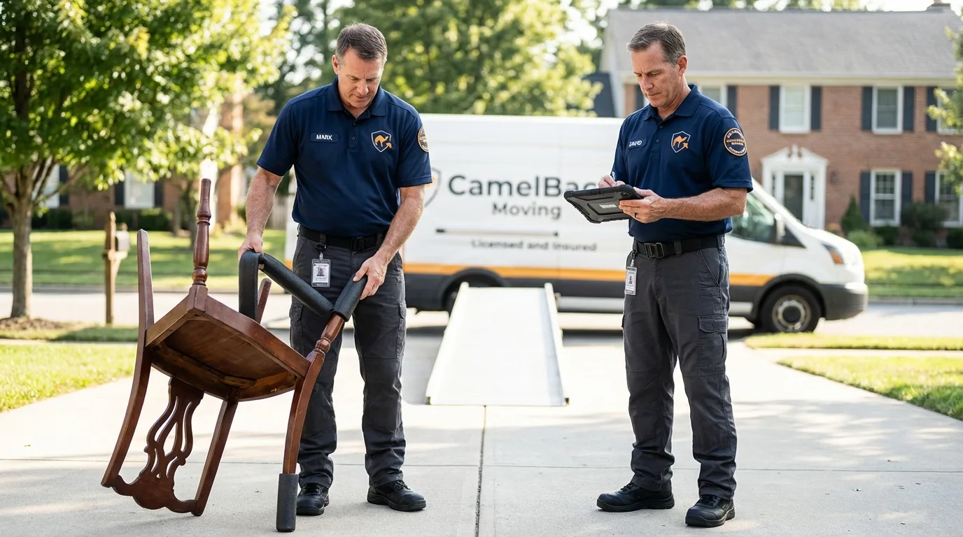 Movers inspecting furniture for damage prevention before loading in Hancock, ME